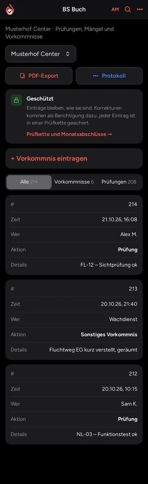 Brandschutz-App, Brandschutzbuch mit geschützten Einträgen (Musterdaten)