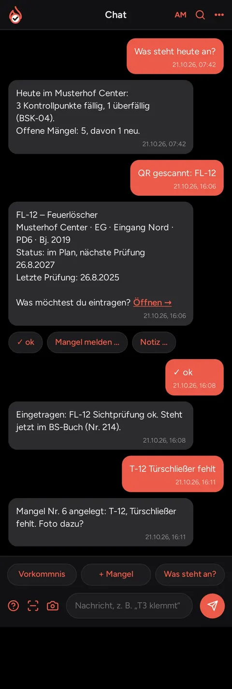 Brandschutz-App, Chat: QR-Code gescannt und Prüfung eingetragen (Musterdaten)