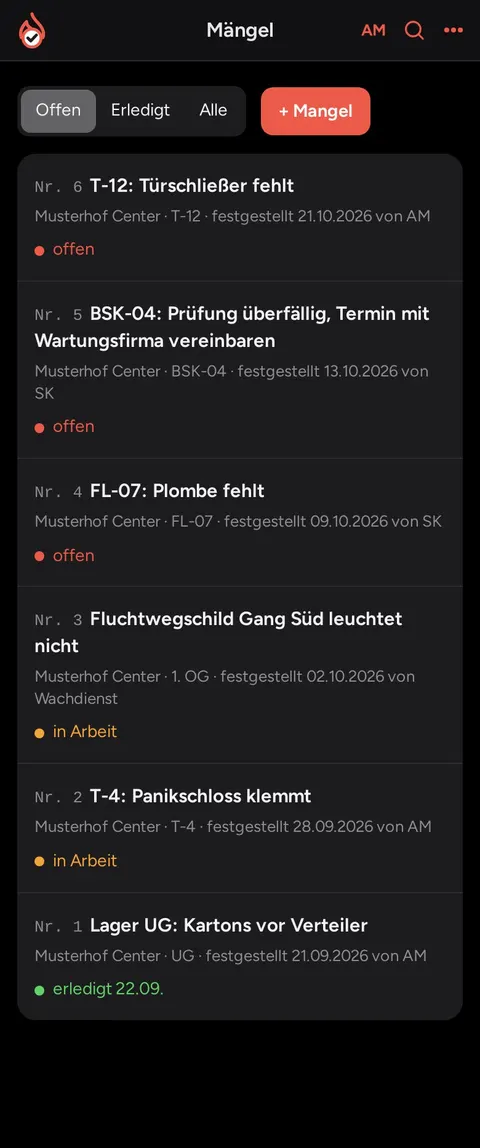 Brandschutz-App, Liste der offenen Mängel (Musterdaten)