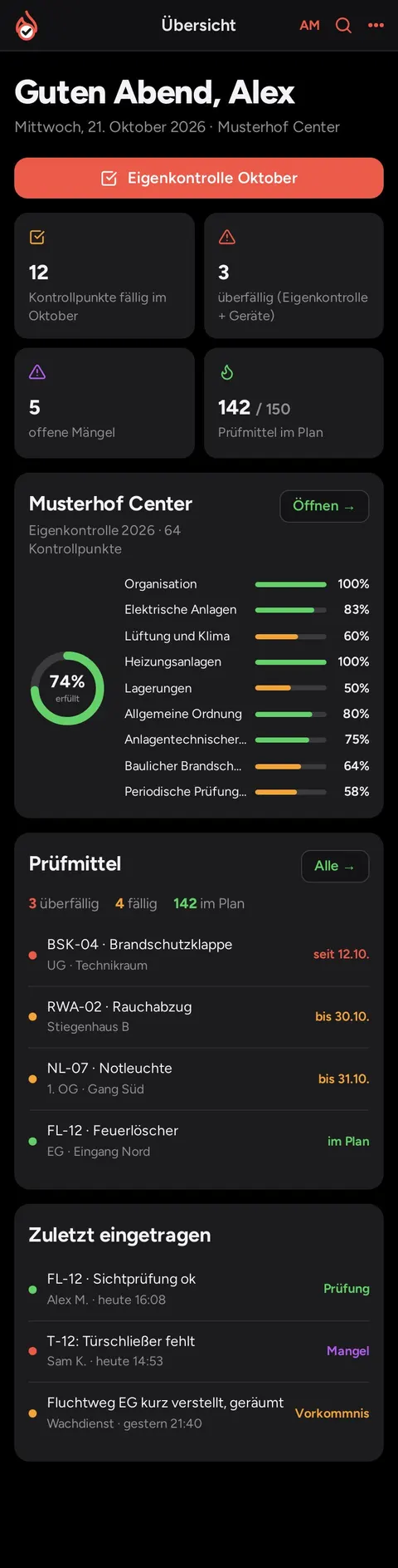 Brandschutz-App am Handy, Übersicht mit Musterdaten