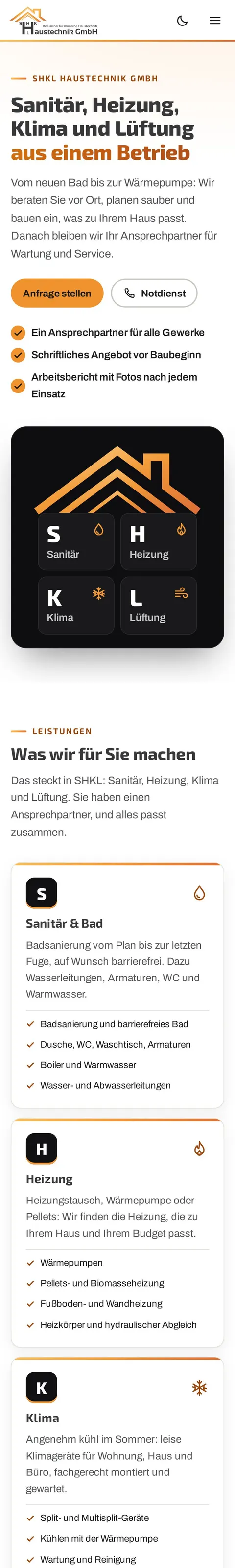 Website von SHKL Haustechnik am Handy, ganze Seite zum Durchscrollen